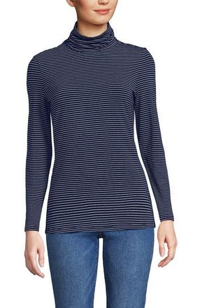 Lands End Lightweight Jersey Long Sleeve Turtleneck in Deep Sea Navy Thin Stripe at Nordstrom, Size X-Large P