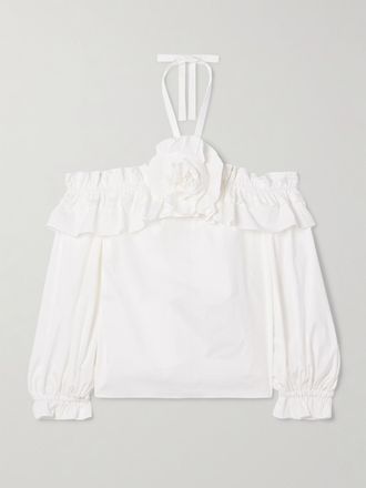 Carolina Herrera Blusa A Spalle Scoperte In Popeline Di Misto Cotone Con Scollo Allamericana, Ruches E Applicazione - Bianco