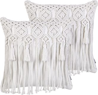 Beliani Beliani - Conjunto De 2 Cojines De Algod&oacute;n Con Relleno Macram&eacute; Patr&oacute;n Boho Borlas 45 X 45 Cm Blanco Bamian