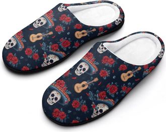 Generic Mexican Floral Skulls Chili Peppers Mens Slippers Comfortable And Non-slip Cotton Slipper Shoe for House