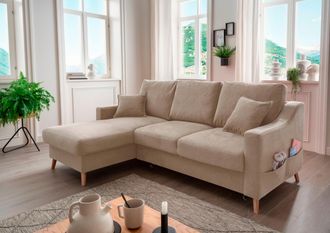 Inosign Ecksofa »Valentina L-Form« 2 Zierkissen, mit Seitentasche, ausziehbarer Liegefläche, Bettkasten