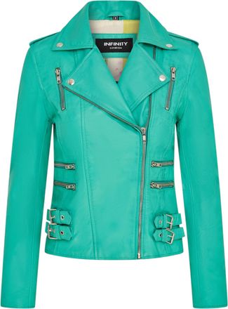 Infinity Leather Womens Aqua Blue Brando Biker Jacket-Loddon - Green Lamb Leather - Size 10 UK