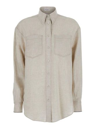 Brunello Cucinelli Beige Shirt With Chest Pockets And Monile Decorations In Linen Woman