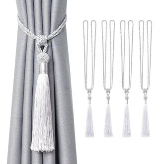 OEM Juego De 4 Piezas De Alzapa&ntilde;os Largos Con Borlas, Sujetadores De Cortina Con Nudo De Cuerda Tejidos A Mano, Color Gris Plateado