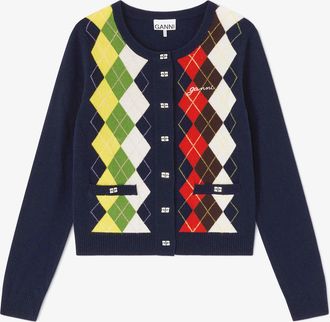 Ganni Navy Argyle Print Cardigan - Size XXS