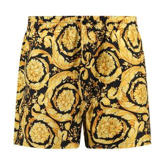 Versace Badmode, Heren, Veelkleurig, L, Barocco Print Zijden Pyjamashorts