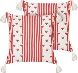 Beliani Beliani - Conjunto De 2 Cojines Decorativos Modernos 45 X 45 Cm Motivo Corazones Fundas Extra&iacute;bles Blanco Y Rojo Banksia