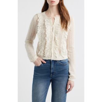 LoveShackFancy Melisse Lace Ruffle Alpaca & Wool Blend Cardigan in Aspen White at Nordstrom, Size Xx-Small
