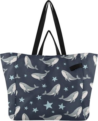 Generic Whales Stars Blue print Reusable Canvas Tote Bag, Heavy Duty Grocery Shopping Bag with Hard Bottom Large Capacity Double Handles Work Groceries Travel
