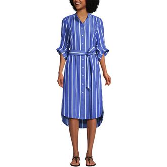 Lands End Poplin Oversized Puff Sleeve Midi Shirt Dress in Blue/white Shadow Stripe at Nordstrom, Size Medium