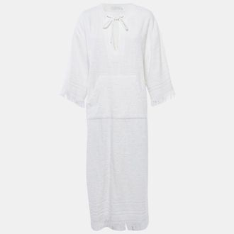 Zimmermann White Palm Tree Terry Cotton Fringed Kaftan Dress