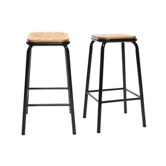 Miliboo Taburete Industrial Negro Y Madera Oscura 65 Cm Lote De 2 Memphis