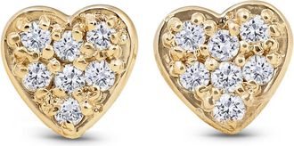 Pompeii3 14K Yellow Gold Diamond Pave Petite Heart Studs Dainty High Polished 5.7MM