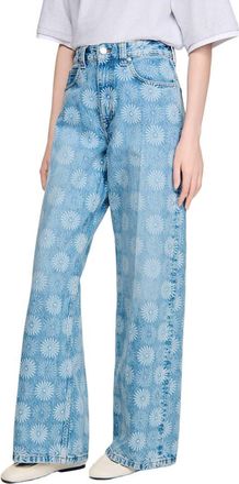 Sandro Wide-leg floral print jeans in Blue Jean at Nordstrom, Size 38 Eu