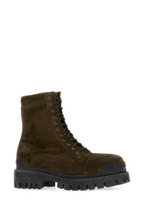Balenciaga Mens Brown Suede Combat Strike Ankle Boots Olive-Ag Silver Stivali Olive/ag