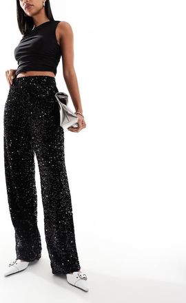 Pieces wide leg velour sequin pants in black