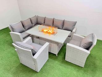 Fimous Rattan Corner Sofa Chair Set Gas Fire Pit Table with Temper Glass Light Grey Mixed
