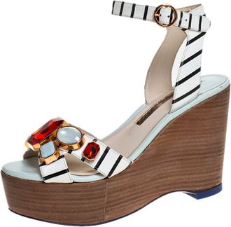 Sophia Webster White/black Striped Leather Suki Gem Embellished Wedge Platform Sandals