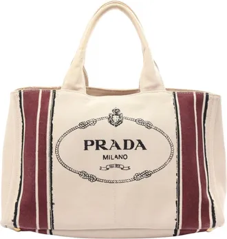 Prada Beige Black Bordeaux Canvas Handbag Tote Bag (Pre-Owned)