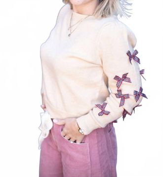 So Me Womens Plaid Bow Sleeve Sweater In Oatmeal