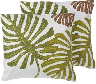 Beliani Beliani - Conjunto De Cojines Decorativos De Algod&oacute;n Con Patr&oacute;n De Hoja Verde 45 X 45 Cm Accesorio De Decoraci&oacute;n Con Motivo Tropical Zenobia