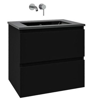 Saniclass Chaci Badkamermeubelset - 60x45x55cm - keramische wastafel mat zwart - 1 wasbak - zonder kraangat - 2 lades - mat zwart