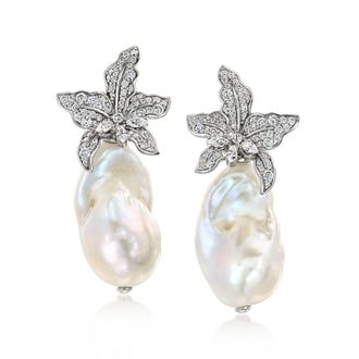 Ross-Simons Italian 15-16mm Cultured Baroque Pearl and CZ Floral Drop Earrings in Sterling Silver