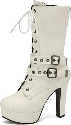 Generic Womens Platform Heel Biker Boots with Lace-Up & Double Buckle Straps for Casual & Night Out Wear,White,6.5 UK