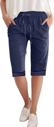 Generic Cargo Shorts Women Plus Size Cotton Linen Knee Length Shorts Summer Casual Smart Stretchy Lightweight Loose Half Pants Shorts Elasticated Waist Shorts