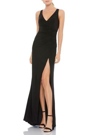 Mac Duggal Ruched Stretch Jersey V-Neck Gown in Black at Nordstrom, Size 4