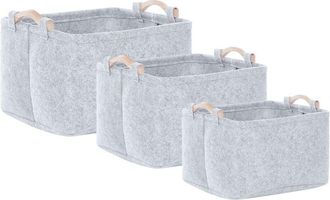 Beliani Conjunto De 3 Cestas De Fieltro Gris Claro Hecho A Mano Asas De Madera Baysai