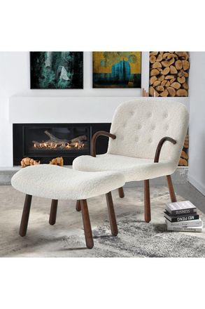 Living and Home Netural Boucl&eacute; Armchair and Footstool Set with Wooden Legs in White