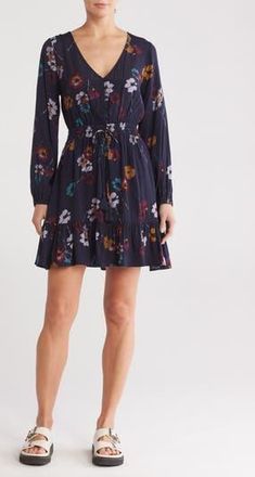 Lovestitch Long Sleeve Floral Print Dress in Navy/mustard at Nordstrom Rack, Size Medium