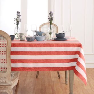 Solino Home Linen Tablecloth for Dining Table, Holiday and Everyday Dining Table Decor - Cabana Stripe in Red And White at Nordstrom, Size X-Small