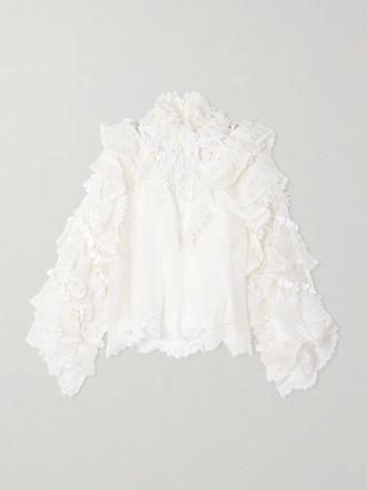Zimmermann Blusa In Pizzo Di Misto Lino E Seta Con Applicazioni E Ruches Crush - Avorio