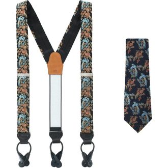Trafalgar Store Birds of Prosperity Silk Button End Suspenders (Braces) and Necktie Set in Black at Nordstrom
