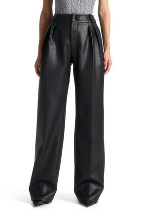 Mani&egrave;re De Voir Olivia Pebbled Leather Pleated Stacked Trousers in Black at Nordstrom, Size 6