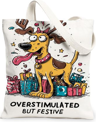 Generic Holiday Dog Canvas Tote Bags, Fun Animal Design Reusable Grocery Bags, Winter Joyful Lightweight Washable Shoulder Strap Ca, White, 13x15 Inch