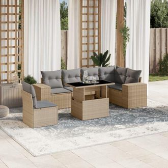 vidaXL Vidaxl - Set Sof&aacute;s De Jard&iacute;n 7 Piezas Y Cojines Rat&aacute;n Sint&eacute;tico Beige