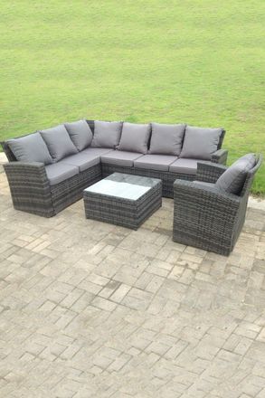 Fimous 7 seater high back mixed rattan corner sofa set chair square coffee table outdoor furniture in Dark Grey