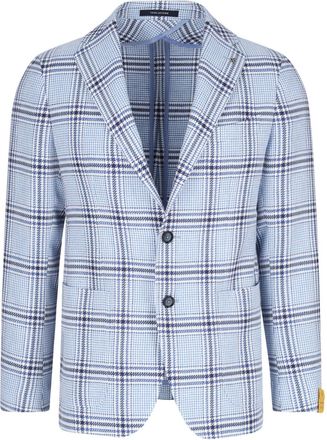 Tagliatore Light Blue Checkered Cotton-Linen Blazer
