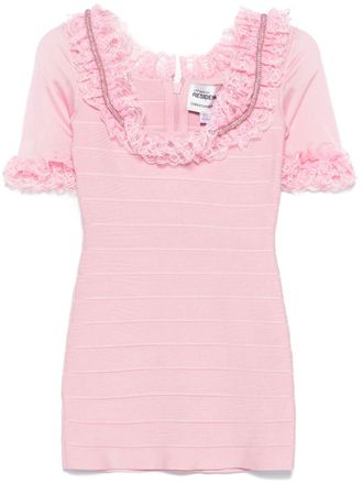 Self Portrait ruffled knitted mini dress - women - Viscose - 10 - Pink