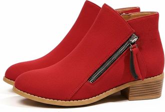 Generic Women Faux Suede Pointed Toe Ankle Booties - Classic Western Cowboy Low Heeled Shoes - Vintage Comfy Slip on Boot (red,5.5)