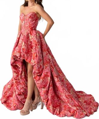 Rachel Allan Jacquard Print High Low Gown In Coral Multi