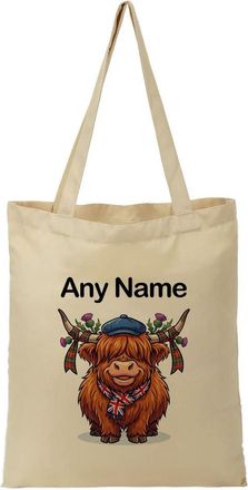 Unigift Personalised Gift - Funny Highland Cow Tote Shopping Bag (Farm Animal Design) Custom Name - Cute Union Jack Scarf Flat Cap