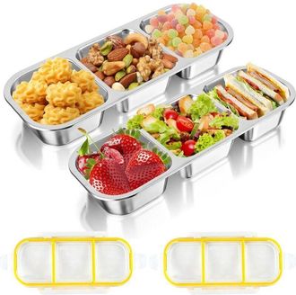 OEM Juego De 2 Loncheras Con Compartimentos - Acero Inoxidable - Para Ni&ntilde;os - Con 3 Compartimentos - Libre De Bpa - Para Dulces, Especias, Frutos Secos, G