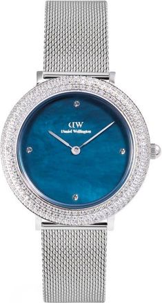 Daniel Wellington Crystal Bezel Sterling Blue Mesh Strap Watch, 32mm in Silver at Nordstrom