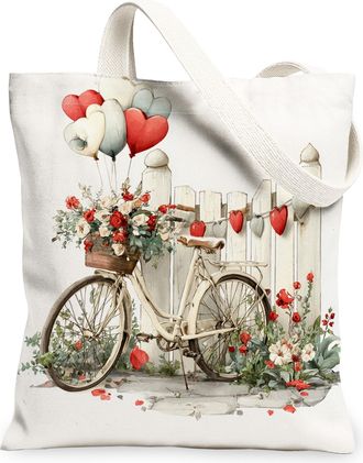 Generic Vintage Floral Canvas Tote Bags, Heart Balloon Design Reusable Grocery Bags, Lightweight Washable Shoulder Strap Canvas for, White, 13x15 Inch