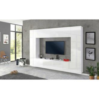 Dmora Dmora - Parete attrezzata da soggiorno, Made in Italy, Base porta tv e pensili e scaffali, Set salotto moderno, cm 260x30h180, colore Bianco lucido