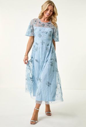 Roman Embroidered Mesh Midi Dress